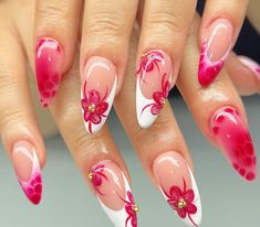 Red Flower Design, Long Stiletto, Nagel Tips, Pink Floral Design, Manicure Diy, Nail Patterns, Nail Length, Nail Art Hacks