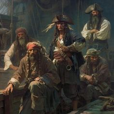 a group of men in pirate garb standing on the deck of an old ship