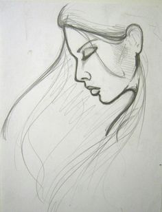 a pencil drawing of a woman's face with her hair blowing in the wind