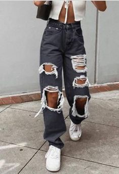 Ripped Distressed Baggy Denim Jeans Ripped High Waist Boyfriend Jeans - AnotherChill Ripped High Waisted Jeans, Ripped Jeans Women, Womens Ripped Jeans, Moda Denim, Jean Large, Moda Jeans, Boyfriend Jean, Summer Jeans, Loose Fit Jeans