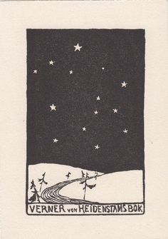 a black and white drawing with stars in the sky over a road that is surrounded by snow