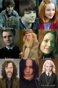 the many faces of harry potter and hermi, with their names in each one