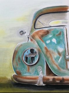 a drawing of an old car painted in pastel