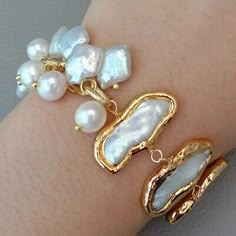 Premium Quality 8'' Freshwater White Biwa Keshi Pearl Potato Pearl Chain Bracelet, Jewelry Beachy Jewelry, Diy Jewelry Display, Biwa Pearls, Kesha, Keshi Pearls, Fine Jewelry Bracelets, Pearl Chain, Gold Plated Chains, Baroque Pearls