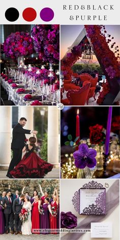 red and black wedding color palettes with purple, pink, and white flowers in the center