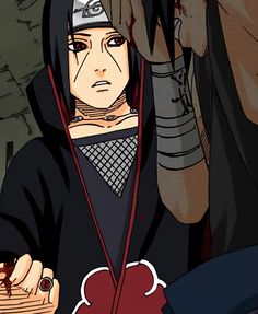 an anime character with black hair and red eyes