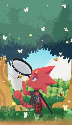 an animal looking through a magnifying glass in front of some trees and bees