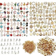 many different types of earrings and pendants are shown in this image, including one with an earring