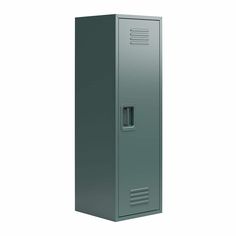 a tall gray metal locker on a white background