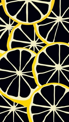 slices of lemons are arranged in a pattern on black and yellow background with white outline