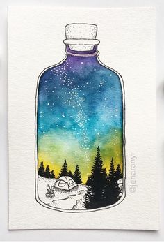 a watercolor painting of a bottle with trees in it and the sky filled with stars