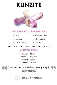 Delve into the magic of Kunzite Crystal! 💖 This exquisite gemstone radiates energies of love, compassion, and emotional healing. Embrace its gentle vibration to open and balance the Heart Chakra, promoting self-love and harmonious relationships. Kunzite resonates deeply with the zodiac signs of Taurus and Leo, infusing their energies with its soothing essence. Associated with the planet Venus, Kunzite embodies the qualities of beauty, harmony, and romance. Its elemental alignment with water enhances its emotional healing properties, making it a powerful ally for navigating matters of the heart. Dive into the enchanting world of Kunzite and experience its transformative magic! Click to explore more about this captivating crystal! ✨ #Kunzite #CrystalMeaning #ChakraHealing Green Kunzite Crystal Meaning, Kunzite Crystal Meaning, Kunzite Meaning, Sacred Space Altar, Kunzite Crystal, Green Witchcraft, Ruby In Zoisite