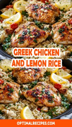 greek chicken and lemon rice in a cast iron skillet with the title overlay