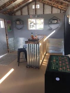 a room that has some tables and stools in it with a game on the table