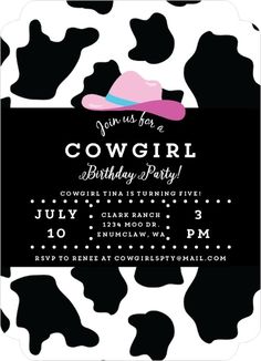 the cowgirl birthday party is set up in black and white with pink hat on it