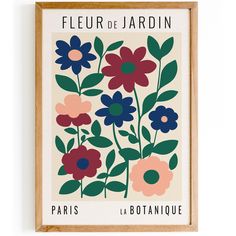 a framed poster with flowers on the front and back of it that says fleur de jardin