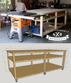 the plans for a workbench are shown in two different views, one is being built