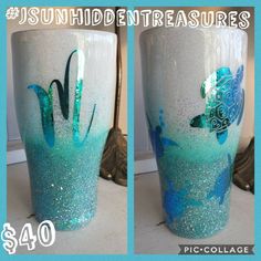 two pictures of blue and white vases with sea creatures painted on the bottom one is $ 40