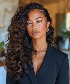 Black Skin Hairstyle, Balyage Long Hair Black Women, Hair Styles For Dark Skin, Off Center Middle Part Hair, Mixed Curly Hair Styles, Curled Hair Ideas, Side Part Hairstyles Long Hair, Deep Side Part Hairstyles, Hair Color Ideas For Autumn