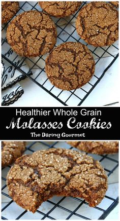 cookies cooling on a rack with the words healthier whole grain molasss cookies