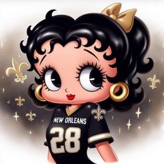 a drawing of a girl with big eyes wearing a new orleans jersey and gold hoop earrings