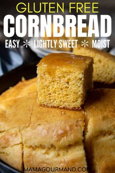 gluten free cornbread is cut into squares and placed on top of each other