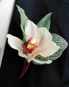 a boutonniere with a white flower and green leaves on the lapel