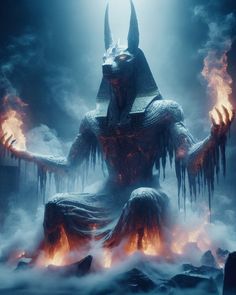 an egyptian god sitting in the midst of fire and ice with his arms outstretched out