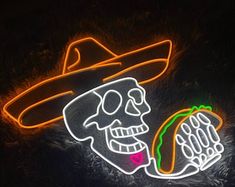 a neon sign with a skeleton wearing a hat and holding a hot dog in it