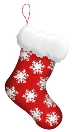 a red and white christmas stocking with snow flakes on it's side