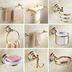 several pictures of different types of towels and soaps hanging on the wall in various positions