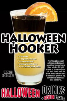 an advertisement for halloween hooker drink with orange slices in the glass and black background