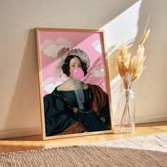 a painting of a woman with a bubble in her mouth next to a vase filled with dry grass