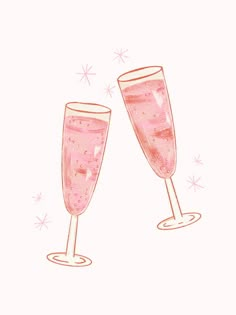 two champagne glasses with pink liquid on the rims, one is filled with sparkling confetti