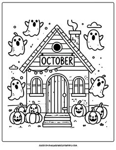 Spooky Haunted House! This charming design showcases a whimsical haunted house, complete with friendly ghosts and cheerful pumpkins, all adorned with the word October on the door October Coloring Sheets For Kids, Kid Halloween Coloring Pages, Hello October Coloring Page, Halloween Preschool Coloring Pages, Halloween Color Sheets Free Printable, Coloring Pages Aesthetic Halloween, Toddler Halloween Coloring Pages