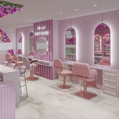 the interior of a salon with pink chairs and mirrors