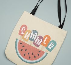 "Are you looking for a super cute tote bag? Then, you're going to love our Summer themed tote! Durable and reusable, this bag is the perfect accessory to take to the beach or when you're out shopping. The fun summer fresh watermelon popsicle design is printed on both sides of the tote bag. Available in three convenient sizes for you to choose from. KEY FEATURES: *100% Polyester: durable synthetic fabric that retains its shape and dries quickly. *Boxed corners: Front and back sides are sewn together by creating extra space on the sides, adding more room. *Black cotton handles *Please note: Size tolerance 0.75\" (1.9 cm) *With non-woven laminate inside *Black inner stitching, transparent thread on hems. *Assembled and printed in the USA from globally sourced parts. CARE INSTRUCTIONS: *Please Cute Rectangular Beach Bag For Travel, Multicolor Canvas Bag For Summer, Cute Rectangular Shoulder Bag For Vacation, Multicolor Summer Canvas Bag, Playful White Summer Bag, Playful Summer Shoulder Bag For Everyday Use, Playful Rectangular Beach Bag For Summer, Fun Rectangular Beach Bag, Summer Canvas Gift Bag