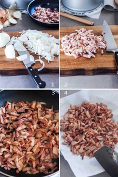 four pictures showing how to cook bacon in a skillet and then chopping them up