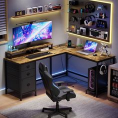 a computer desk with two monitors on it