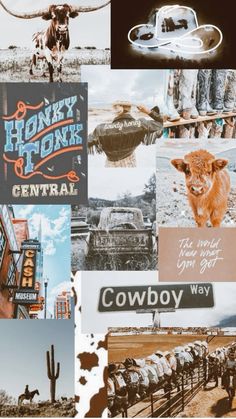 the collage shows many different things that are in this photo, including cowboy signs and old cars