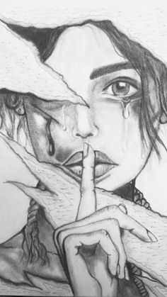 a pencil drawing of a woman holding her finger to her mouth