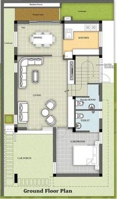 the ground plan for a two story house with an attached kitchen, living room and dining area