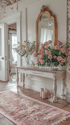 a room with a rug, mirror and flowers on the table in front of it