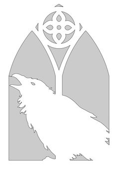 a black and white drawing of a bird in front of a window with an ornamental design