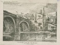 an old black and white drawing of a bridge