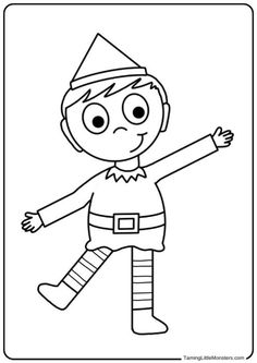 a coloring page with an elf in the middle and his arms out to the side