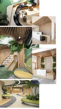 four different views of the inside of a building with trees and plants on each floor