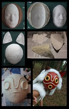 several pictures of different types of masks and paper machs in various stages of construction