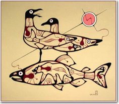 two fish are depicted on a beige background with black and red lines in the shape of circles