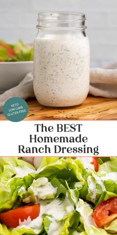 the best homemade ranch dressing in a mason jar with lettuce and tomatoes on top